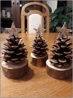 three pine cones sitting on top of a wooden table