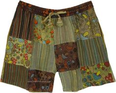 These hippie mushroom patchwork shorts are the perfect way to add a touch of free spirit flair to your summer wardrobe.  Made from 100% cotton, they are soft, comfortable, and breathable. #tlb #Patchwork #vacationclothing #bohemianfashion #Handmade #BohoShorts #HippieShorts Summer Festival Shorts With Patchwork, Hippie Patchwork Shorts For Festival, Hippie Multicolor Shorts, Summer Green Shorts With Patchwork, Multicolor Hippie Shorts, Multicolor Patchwork Cotton Shorts, Bohemian Patchwork Shorts, Bohemian Brown Cotton Shorts, Hippie Beach Patchwork Bottoms