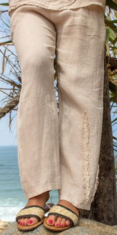 Linen Pants with Pockets and Ruffle Detail on Bottom Left Leg. Features a Stretchy Waistband for a Custom Fit. Make it a Set with the Palermo Linen Top. 100% Linen Model is 5'7 One Size Made in Italy Fitted Linen Bohemian Bottoms, Fitted Bohemian Linen Bottoms, Linen Tank, Scarf Sale, Top And Pants Set, Italian Outfits, Blouse Pants, Pants With Pockets, Knitted Coat