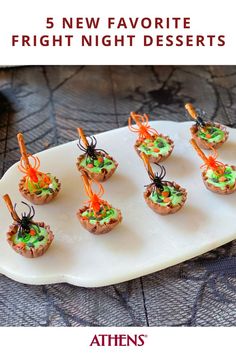 small appetizers are arranged on a white platter with text overlay that reads, 5 new favorite frigt night desserts