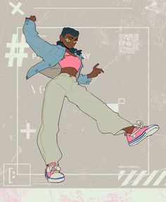 a drawing of a woman in pink shirt and white pants with her arms out, dancing