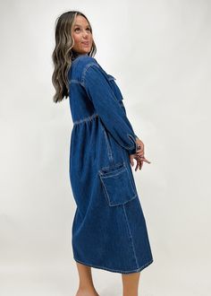 This denim dress is a wonderful closet staple for fall. Featuring long sleeves and a half-zip collared top. Shop more dresses at J&B here! Chic Long Sleeve Denim Blue Denim Dress, Chic Long Sleeve Denim Blue Dress, Long-sleeve Denim Dress For Casual Spring Wear, Chic Long Sleeve Medium Wash Denim Dress, Long Sleeve Denim Dress For Casual Spring Wear, Long Sleeve Denim Dress For Dress Down And Spring, Long Sleeve Denim Dress For Casual Spring Days, Chic Long Sleeve Denim Dress For Day Out, Long Sleeve Medium Wash Denim Dress For Day Out