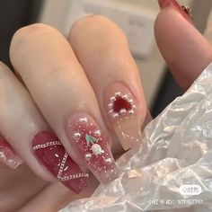 aesthetic nails girl couple matching cute adorable pretty stylish natural viral jelly rhinestones red heart pearls stones glittery fancy Her Nails, Heart Nails, Artificial Nails