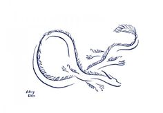 an ink drawing of a lizard with its tail curled up and it's eyes closed