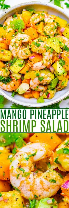 mango pineapple shrimp salad in a white bowl