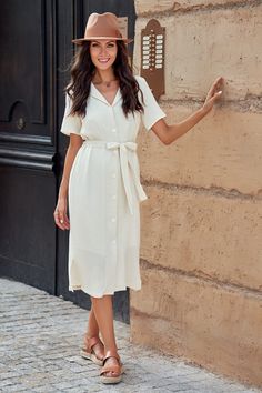 White Short Sleeve Collar Neck Cotton Midi Dress with Buttons Collared Dress Outfit, Kimono Wrap Dress, Clothing Wishlist, Modest Summer Dresses, University Outfit, Pleated Skirt Dress, Dress With Buttons, Collar Neck, Cotton Midi Dress