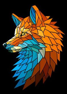 an orange and blue geometric fox head on a black background with the word,'wolf'written below it