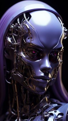 an alien woman with purple hair and red eyes is shown in this artistic photo, it appears to be made out of metal parts