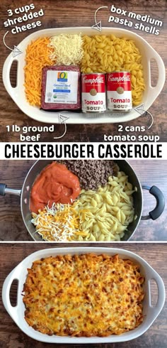 two pictures showing different types of cheeseburger casserole, and the same side dish