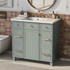 a bathroom vanity with two drawers and a mirror above it in front of a bathtub