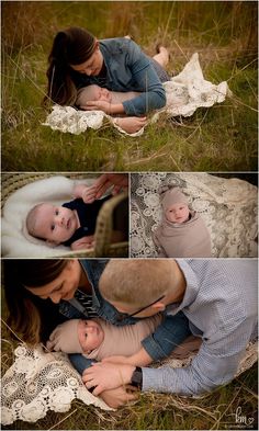 a woman holding a baby in her arms while laying on the ground with other photos