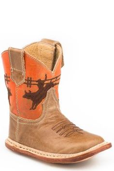 Cowbabies Bullrider Waxy Tan Leather Vamp Bull Rider Embroidered On Vintage Orange Leather Shaft True Western Boot Styling Square Toe Padded Insole Welted Leather Sole Velcro Closure For Easy On and Off Rodeo Rider, Square Toe Cowboy Boots, Boots Square Toe, Square Toe Boots, Tractor Supply, Toe Boots, Vintage Orange, Orange Leather, Western Cowboy Boots