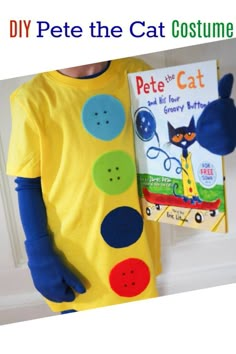 a young boy holding a book in front of his face with the caption diy pete the cat costume