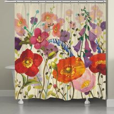 a shower curtain with colorful flowers on it