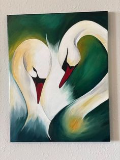 a painting of two white swans on a green background