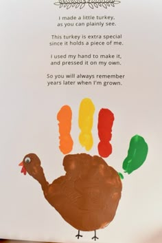 a handprinted turkey is shown with the words, i made a little turkey as you can planty see