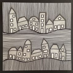 a drawing of houses on a striped background