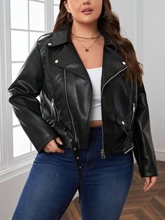 Plus Zip Up Patent Moto Jacket Black Casual  Long Sleeve PU Leather Plain Biker Non-Stretch  Women Plus Clothing, size features are:Bust: ,Length: ,Sleeve Length: Function Outfit, Plus Size Leather Jacket, School Function, Womens Leather Biker Jacket, Fast Fashion Brands, Fall Wear, Oversized Coat, Plus Size Kleidung, Body Shape