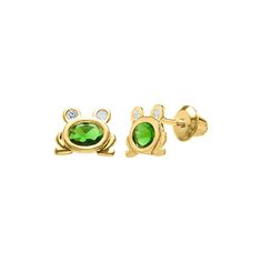 Children's 14K yellow gold frog stud earrings with lab-created green and white simulated diamonds Hypoallergenic 14k Gold Green Jewelry, Hypoallergenic Green 14k Gold Jewelry, Green 14k Gold Hypoallergenic Earrings, Hypoallergenic 14k Gold Green Earrings, Hypoallergenic Yellow Gold Jewelry For May Birthstone, Frog Earrings, Helzberg Diamonds, Kids Earrings, Berkshire Hathaway