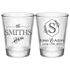 two shot glasses with the names and date printed on them