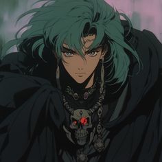 an anime character with green hair and red eyes looking at the camera while wearing a black outfit