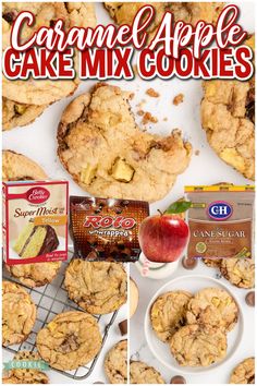 an advertisement for caramel apple cake mix cookies