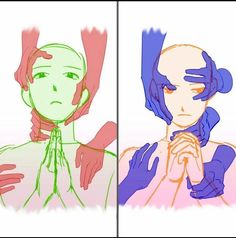 two different colored drawings of people with hands on their chest