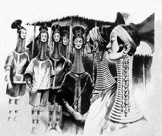 an old black and white drawing of women in native american dress with their heads turned to the side