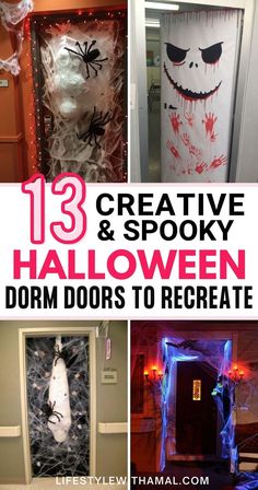 halloween door decorations with text overlay that says, 13 creative and spooky halloween door