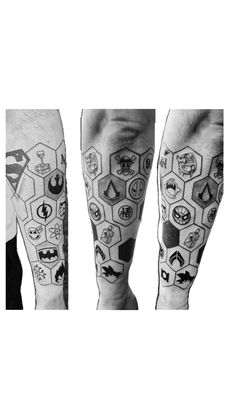 three different types of tattoos on both arm and leg, one with symbols in the middle