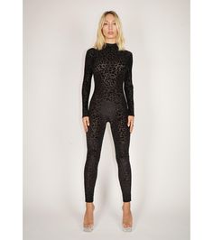 Burnout velvet and mesh leopard  catsuit. -mesh is see-thru -back zip and long sleeves  -fabric has medium stretch -high quality poly/spandex, light weight material -this item is custom made in Los Angeles, please allow 1-4 business days Size Chart Women   XS: 0,  Chest: 28-30", Waist: 23-24"   S: 0-2,  Chest: 30-32", Waist: 25-26"   M: 4-6, Chest: 32-34", Waist: 27-29"   L: 8-10,  Chest: 36-38", Waist: 30-32"   XL: 12-14,  Chest: 40-42", Waist: 33-35"   2XL: 16-18,  Chest: 44-46", Waist: 36-38" Leopard Catsuit, Spandex Jumpsuit, Leopard Jumpsuit, Festival Costume, Velvet Burnout, Burnout Velvet, Festival Costumes, Black Leopard, Catsuit