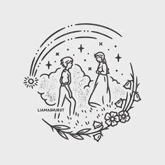 two people standing in front of a circle with stars and flowers on it, one person is