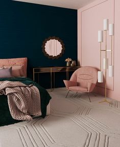 a bedroom with pink and blue walls, gold accents and a green velvet bed cover