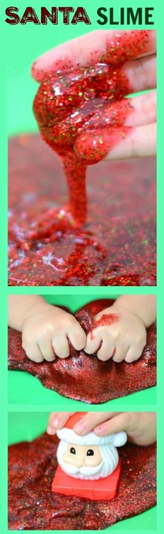 santa slime is being made with glitter and glue to make it look like santa