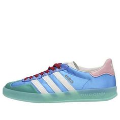 (WMNS) adidas x Gucci Gazelle 'Light Blue Silk' 707867-U7R10-3660 (SNKR/Skate/Casual/Women's/Classic/Crossover) White Gucci Sneakers For Spring, Spring White Gucci Sneakers, Blue Athleisure Sneakers With Three Stripes Branding, Blue Athleisure Sneakers With Adidas Branding, Gucci Sneakers For Sports With Laces, Gucci Sneakers With Laces For Sports, Blue Sporty Sneakers With Three Stripes, Gucci Sports Sneakers With Rubber Sole, Gucci Sneakers With Rubber Sole For Sports