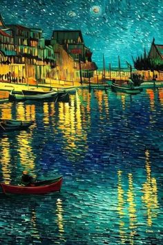 a painting of boats floating in the water at night with buildings and lights reflected on the water