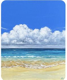 an oil painting of the ocean with clouds in the sky and sand on the beach