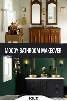 bathroom makeover before and after with gold fixtures on the vanity, green walls and wood cabinetry