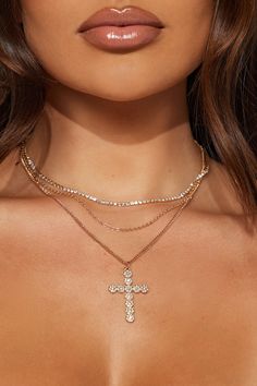 Available In Gold. Layered Necklace Rhinestone Detail Religious Motif Detail Pendant Imported | Blessed Never Stressed Necklace in Gold by Fashion Nova Black Friday Deals, Gold Fashion, Accessories Necklace, Layered Necklaces, Fashion Nova, Piercings, Gold Necklace, Pendant, Gold