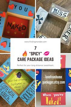 several different pictures with the words 7 spicy care package ideas written on them, including boxes and magnets