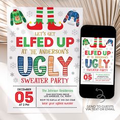 Christmas Ugly Sweater Party Invitation Template, Editable Ugly Sweater Party Invite, Elfed Up Ugly Sweater Party Template, Instant Download This beautiful evite template is the perfect way to invite your guests to your party! Personalize the template through CORJL, an easy to use template editor that works in your web browser, and print it through your home printer or your local printing shop! ⭐ DEMO - try before you buy ➥ Try it right now! Just copy and paste this demo link into your web browser (CORJL works best in PC or Mac) https://www.corjl.com/d/EBA2A - ALL THE TEMPLATES INCLUDED - ➥ This set contains the following items: ✔  INVITATION : 5 by 7" in ⭐ NEED PROFESSIONAL PRINTING? I recommend Prints of Love. My shop has partnered with them to offer fast, high quality yet affordable pri Christmas Ugly Sweater Party, Ugly Sweater Party Invitations, Party Template, Christmas Ugly Sweater, Ugly Christmas Sweater Party, Wedding Gift Baskets, Ugly Sweater Party, Printing Shop, Party Invite Template