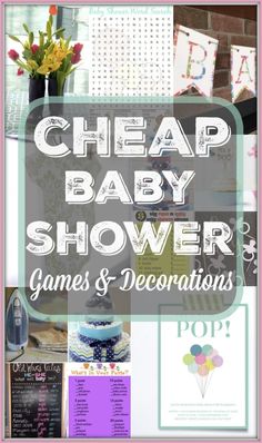 the words cheap baby shower games and decorations