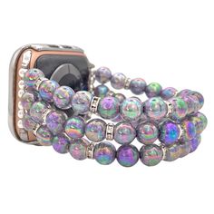 Custom, handmade, beaded watch band compatible with Apple Watch made with acrylic imitation hematite and rhinestone beads. Please use the drop-down to select your connector and wrist size. I can also make one custom to your wrist measurement if you include your wrist size in your order (example in last photo). I have many different colors/styles/materials of beads. If you are looking for a specific color please send me a message and I may have it! These are handmade items so they may vary in pattern placement. Due to differences in screen settings, colors may differ slightly between photos and the physical product. Please feel free to send me a message if you have questions regarding availability of patterns, quantities, or sizes. I often have patterns available that aren't listed yet! *Ap Silver Adjustable Apple Watch Band With Round Beads, Adjustable Silver Beaded Apple Watch Band, Adjustable Silver Beaded Watch Bands, Purple Watch, Floral Watches, Beaded Watches, Rhinestone Bead, Apple Watch Band, Silver Watch