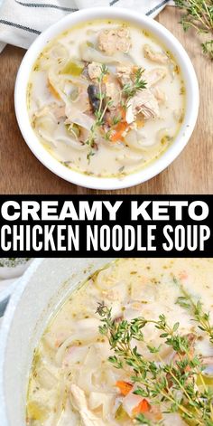 creamy keto chicken noodle soup in a white bowl on top of a wooden table