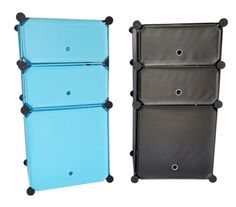 three plastic storage bins with wheels on each side and two different color options for each