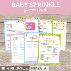 printable baby sprinkle games pack with text on the front and back cover