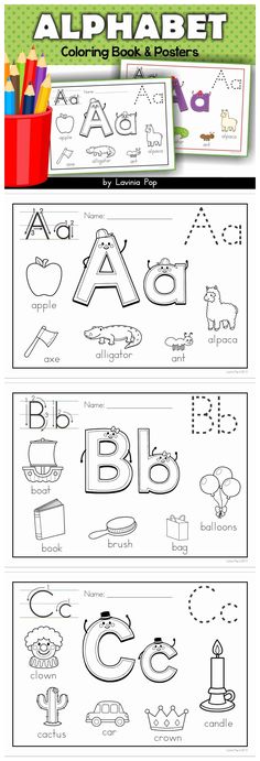 the alphabet worksheet is shown in black and white, with pictures of letters