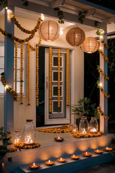 an outdoor area with candles and lanterns