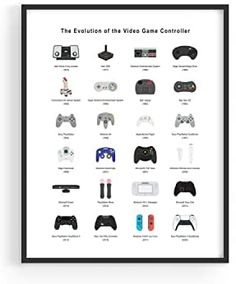 the evolution of the video game controller poster is displayed in a wooden frame on a wall