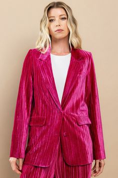 velvet pleated fuchsia blazer Pleated Blazer, Romper Fall, Beauty Features, Vintage Couture, Velvet Blazer, Matching Pants, Clothing Logo, Fabric Covered Button, Collar Designs